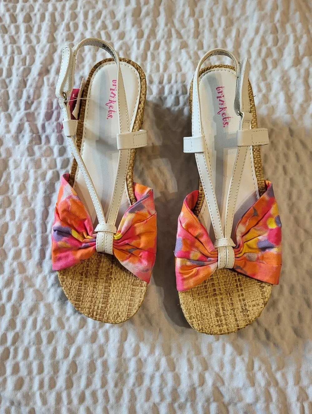 Trinkets Women's Floral Bow Espadrille Wedge Sandals - Pink/Orange - NIB - Size5